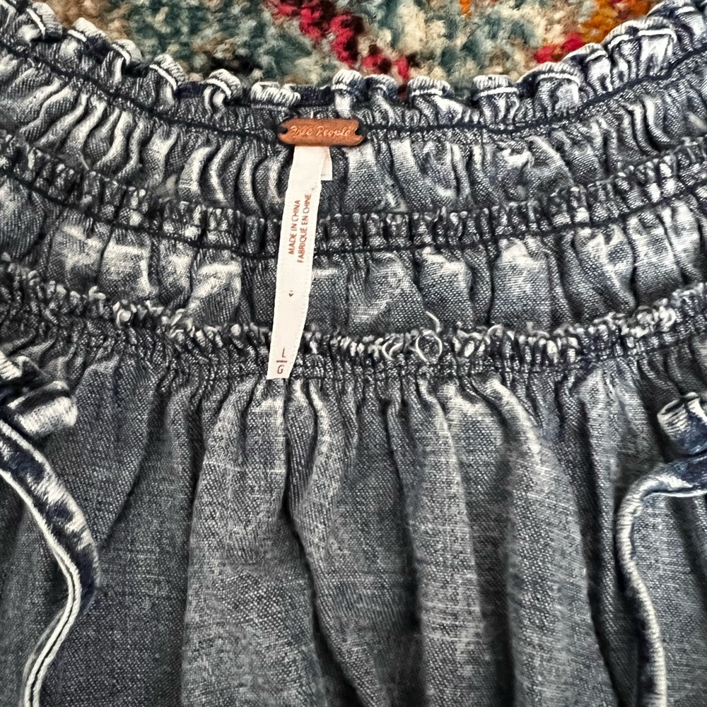 Free People Washed Denim Blue Ruffle Sleeve Blouse - Picture 3 of 3